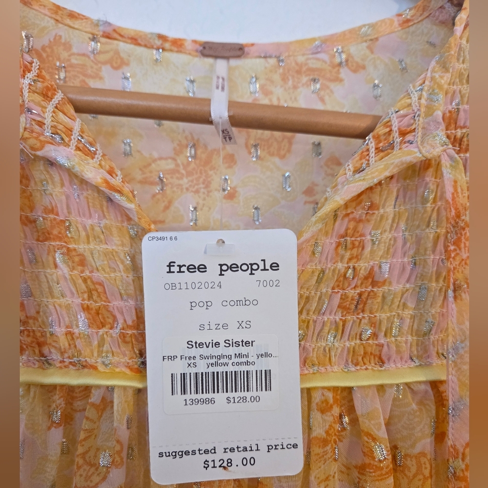 Free People Stevie Sister Mini Dress XS Yellow Combo NWT $128 - Picture 5 of 5